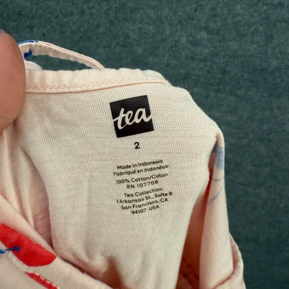 Tea Collection Jumpsuit Girls 2T Pink Cherry Print Flutter Sleeve Jersey Knit - Picture 7 of 8